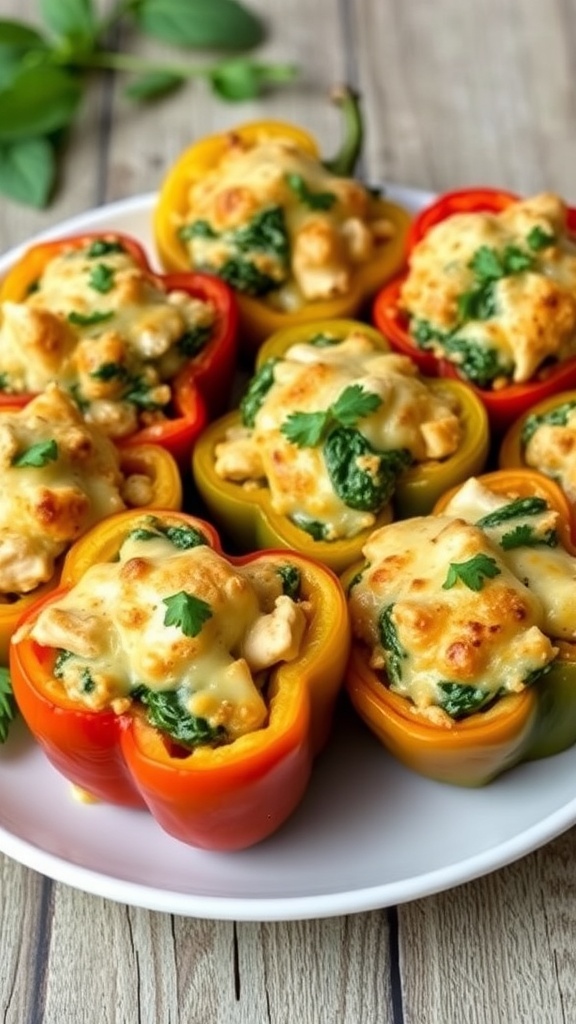 Stuffed bell peppers filled with chicken, spinach, and cheese, served on a plate.